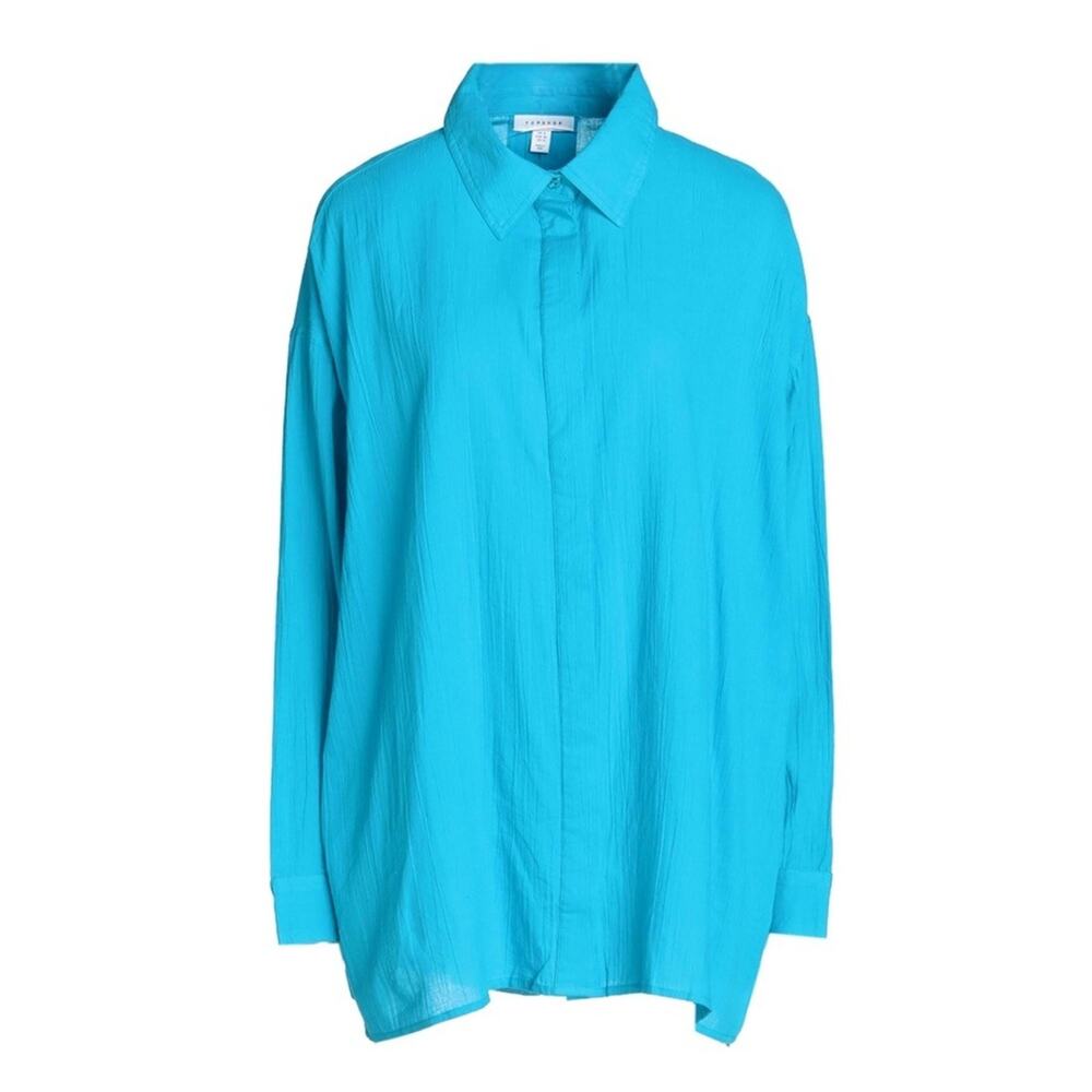 Topshop Turquoise Button Up Long‎ Sleeve Oversized Shirt Women Size 6